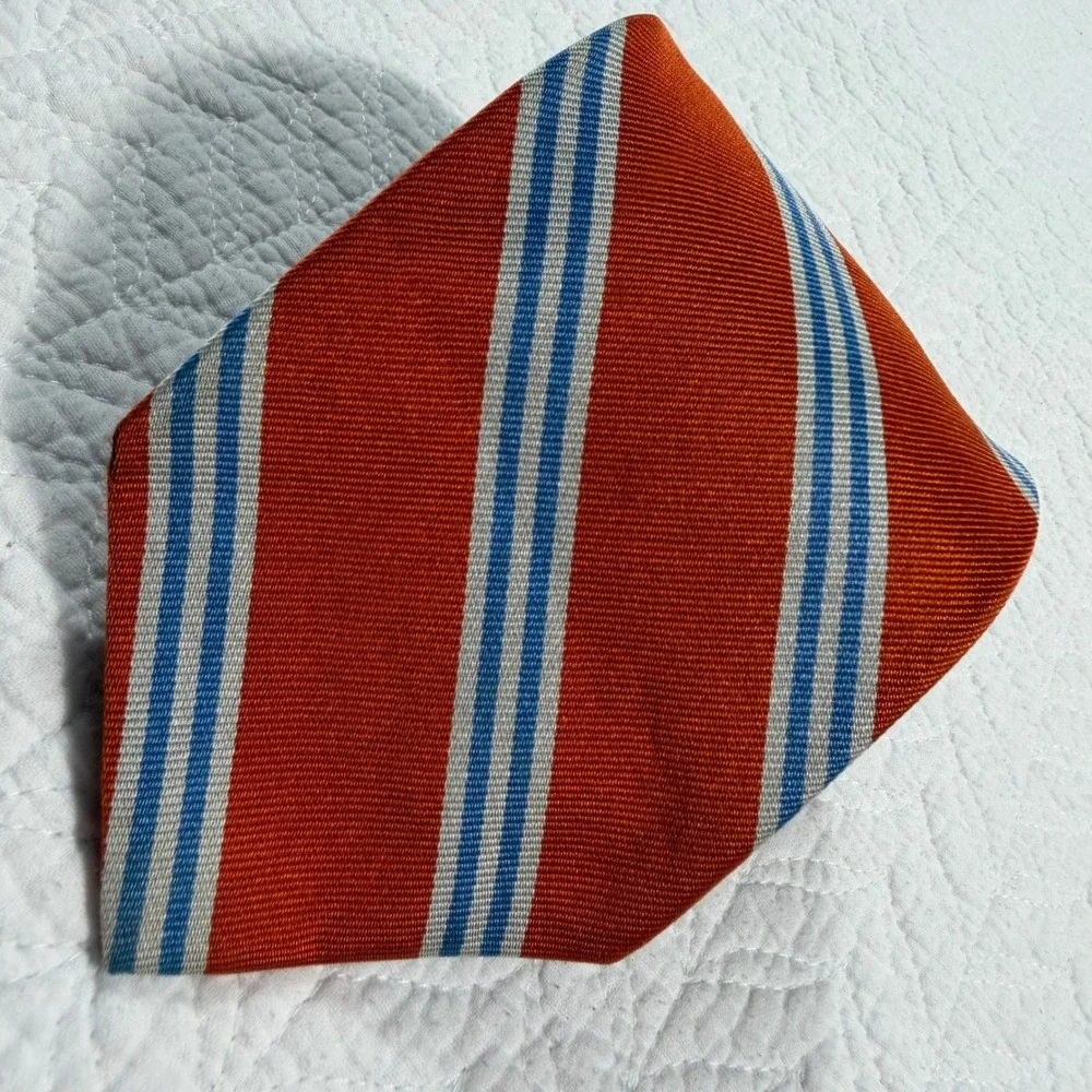 VTG Brooks Brothers Makers Men Necktie Repp Stripe Silk Orange Blue USA 60